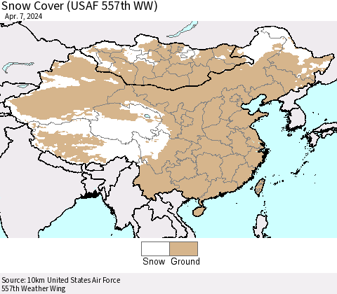 China, Mongolia and Taiwan Snow Cover (USAF 557th WW) Thematic Map For 4/1/2024 - 4/7/2024