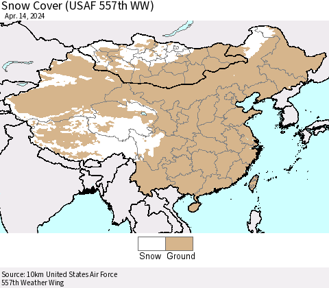 China, Mongolia and Taiwan Snow Cover (USAF 557th WW) Thematic Map For 4/8/2024 - 4/14/2024