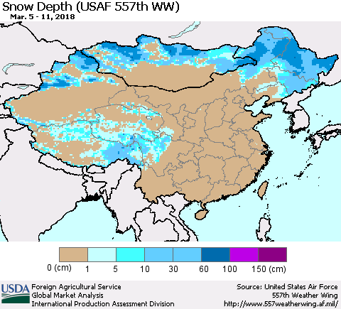 China, Mongolia and Taiwan Snow Depth (USAF 557th WW) Thematic Map For 3/5/2018 - 3/11/2018