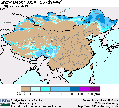 China, Mongolia and Taiwan Snow Depth (USAF 557th WW) Thematic Map For 3/12/2018 - 3/18/2018
