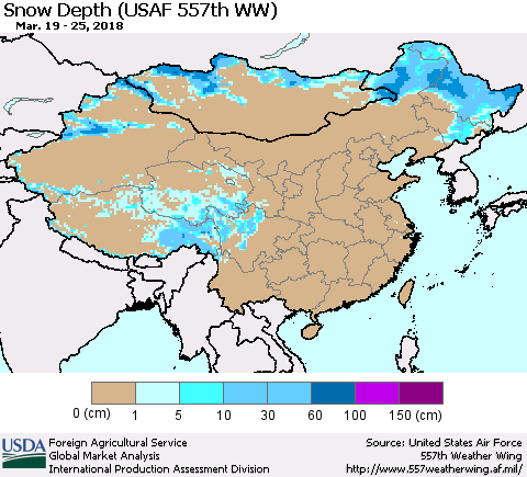 China, Mongolia and Taiwan Snow Depth (USAF 557th WW) Thematic Map For 3/19/2018 - 3/25/2018