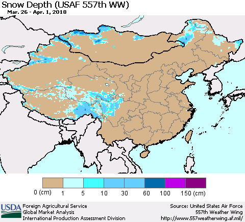 China, Mongolia and Taiwan Snow Depth (USAF 557th WW) Thematic Map For 3/26/2018 - 4/1/2018