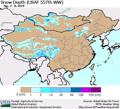China, Mongolia and Taiwan Snow Depth (USAF 557th WW) Thematic Map For 4/2/2018 - 4/8/2018