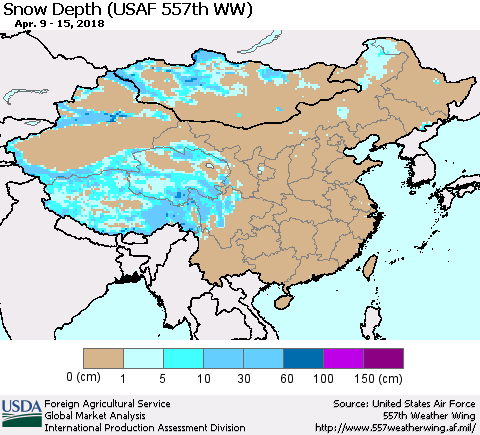 China, Mongolia and Taiwan Snow Depth (USAF 557th WW) Thematic Map For 4/9/2018 - 4/15/2018