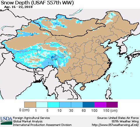 China, Mongolia and Taiwan Snow Depth (USAF 557th WW) Thematic Map For 4/16/2018 - 4/22/2018