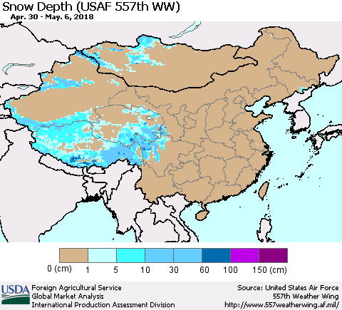 China, Mongolia and Taiwan Snow Depth (USAF 557th WW) Thematic Map For 4/30/2018 - 5/6/2018