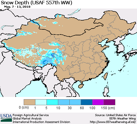 China, Mongolia and Taiwan Snow Depth (USAF 557th WW) Thematic Map For 5/7/2018 - 5/13/2018