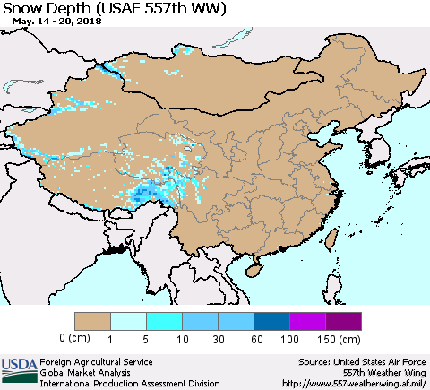 China, Mongolia and Taiwan Snow Depth (USAF 557th WW) Thematic Map For 5/14/2018 - 5/20/2018