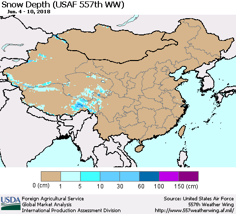 China, Mongolia and Taiwan Snow Depth (USAF 557th WW) Thematic Map For 6/4/2018 - 6/10/2018