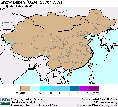 China, Mongolia and Taiwan Snow Depth (USAF 557th WW) Thematic Map For 8/27/2018 - 9/2/2018
