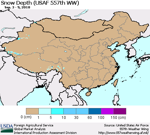 China, Mongolia and Taiwan Snow Depth (USAF 557th WW) Thematic Map For 9/3/2018 - 9/9/2018