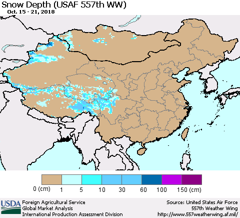 China, Mongolia and Taiwan Snow Depth (USAF 557th WW) Thematic Map For 10/15/2018 - 10/21/2018