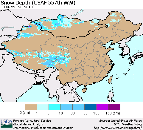 China, Mongolia and Taiwan Snow Depth (USAF 557th WW) Thematic Map For 10/22/2018 - 10/28/2018