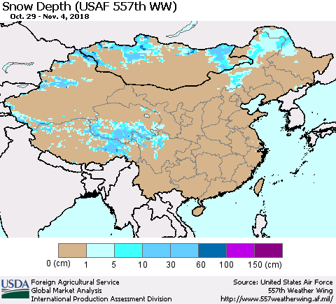 China, Mongolia and Taiwan Snow Depth (USAF 557th WW) Thematic Map For 10/29/2018 - 11/4/2018