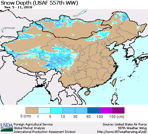 China, Mongolia and Taiwan Snow Depth (USAF 557th WW) Thematic Map For 11/5/2018 - 11/11/2018