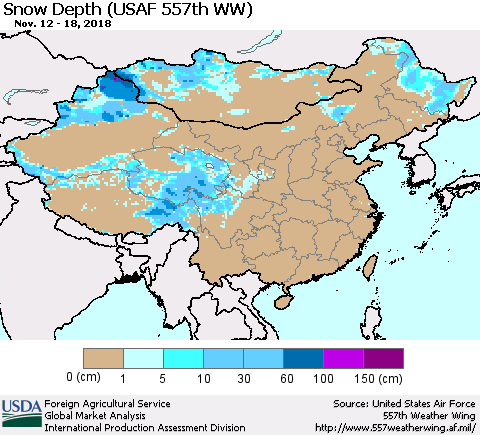 China, Mongolia and Taiwan Snow Depth (USAF 557th WW) Thematic Map For 11/12/2018 - 11/18/2018
