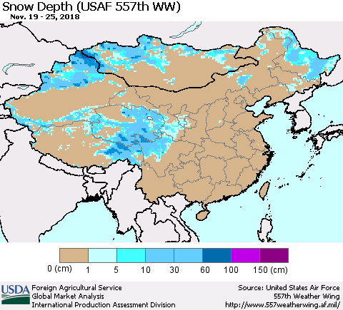 China, Mongolia and Taiwan Snow Depth (USAF 557th WW) Thematic Map For 11/19/2018 - 11/25/2018