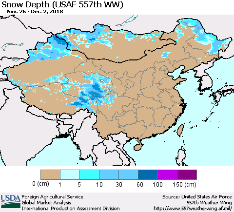 China, Mongolia and Taiwan Snow Depth (USAF 557th WW) Thematic Map For 11/26/2018 - 12/2/2018