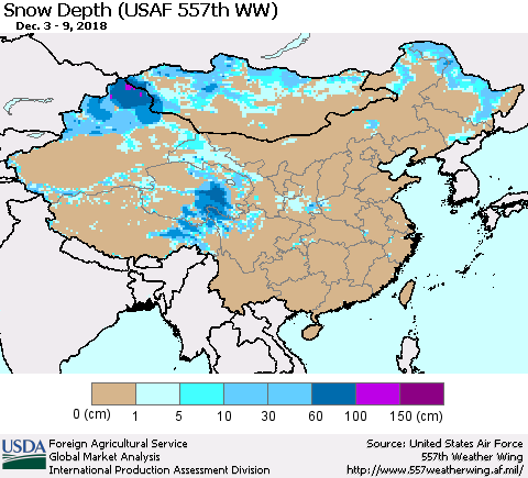 China, Mongolia and Taiwan Snow Depth (USAF 557th WW) Thematic Map For 12/3/2018 - 12/9/2018