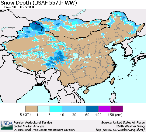 China, Mongolia and Taiwan Snow Depth (USAF 557th WW) Thematic Map For 12/10/2018 - 12/16/2018