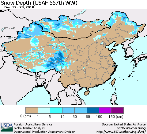 China, Mongolia and Taiwan Snow Depth (USAF 557th WW) Thematic Map For 12/17/2018 - 12/23/2018