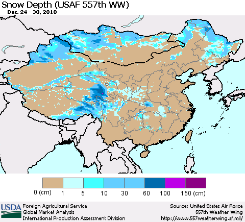 China, Mongolia and Taiwan Snow Depth (USAF 557th WW) Thematic Map For 12/24/2018 - 12/30/2018