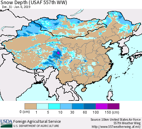 China, Mongolia and Taiwan Snow Depth (USAF 557th WW) Thematic Map For 12/31/2018 - 1/6/2019