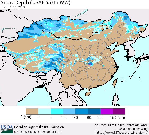 China, Mongolia and Taiwan Snow Depth (USAF 557th WW) Thematic Map For 1/7/2019 - 1/13/2019