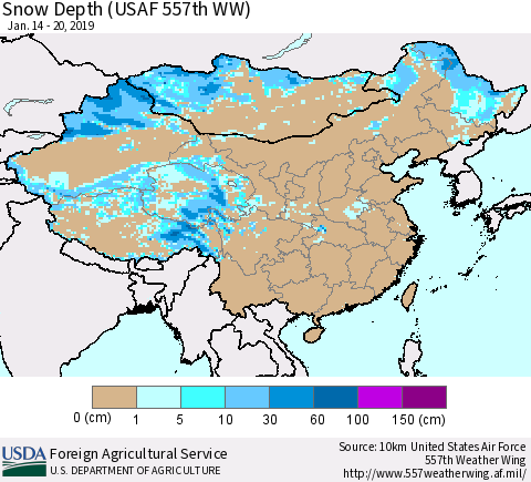 China, Mongolia and Taiwan Snow Depth (USAF 557th WW) Thematic Map For 1/14/2019 - 1/20/2019