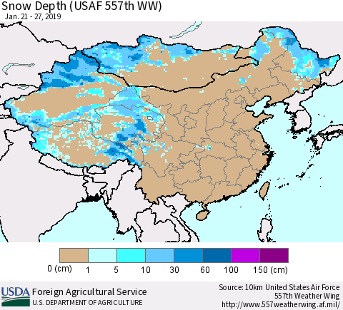 China, Mongolia and Taiwan Snow Depth (USAF 557th WW) Thematic Map For 1/21/2019 - 1/27/2019