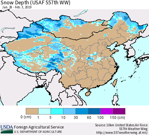 China, Mongolia and Taiwan Snow Depth (USAF 557th WW) Thematic Map For 1/28/2019 - 2/3/2019