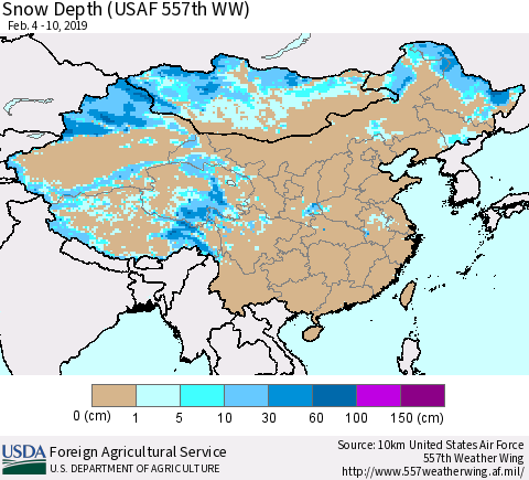 China, Mongolia and Taiwan Snow Depth (USAF 557th WW) Thematic Map For 2/4/2019 - 2/10/2019