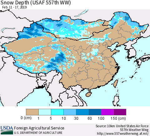 China, Mongolia and Taiwan Snow Depth (USAF 557th WW) Thematic Map For 2/11/2019 - 2/17/2019