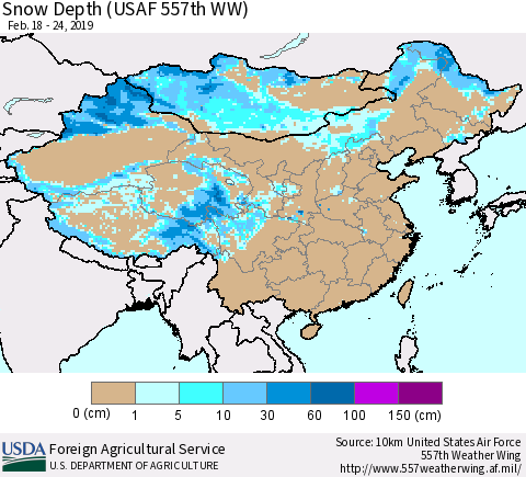 China, Mongolia and Taiwan Snow Depth (USAF 557th WW) Thematic Map For 2/18/2019 - 2/24/2019