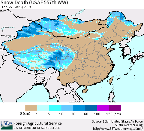 China, Mongolia and Taiwan Snow Depth (USAF 557th WW) Thematic Map For 2/25/2019 - 3/3/2019