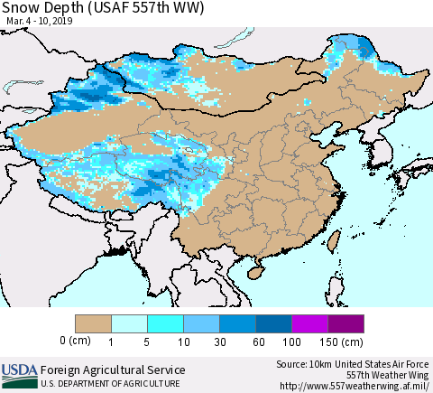 China, Mongolia and Taiwan Snow Depth (USAF 557th WW) Thematic Map For 3/4/2019 - 3/10/2019