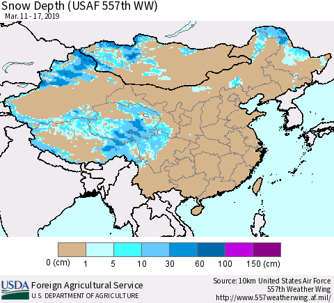 China, Mongolia and Taiwan Snow Depth (USAF 557th WW) Thematic Map For 3/11/2019 - 3/17/2019