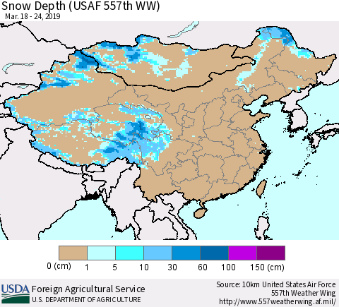 China, Mongolia and Taiwan Snow Depth (USAF 557th WW) Thematic Map For 3/18/2019 - 3/24/2019