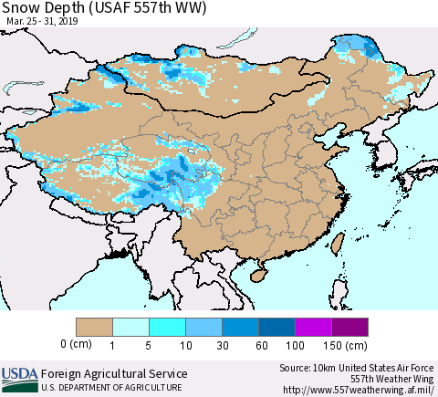 China, Mongolia and Taiwan Snow Depth (USAF 557th WW) Thematic Map For 3/25/2019 - 3/31/2019
