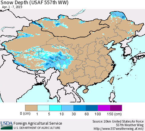 China, Mongolia and Taiwan Snow Depth (USAF 557th WW) Thematic Map For 4/1/2019 - 4/7/2019