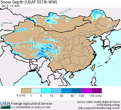 China, Mongolia and Taiwan Snow Depth (USAF 557th WW) Thematic Map For 4/8/2019 - 4/14/2019