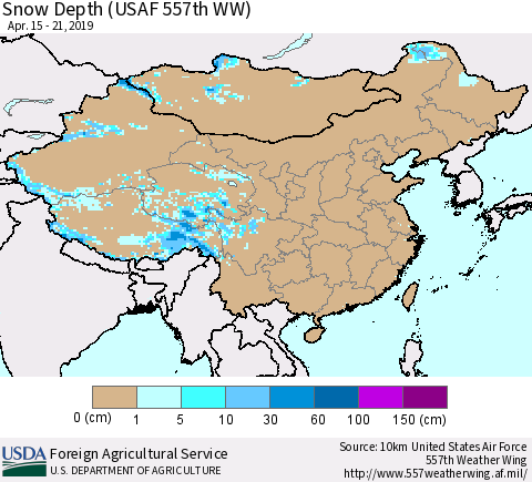 China, Mongolia and Taiwan Snow Depth (USAF 557th WW) Thematic Map For 4/15/2019 - 4/21/2019