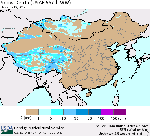 China, Mongolia and Taiwan Snow Depth (USAF 557th WW) Thematic Map For 5/6/2019 - 5/12/2019