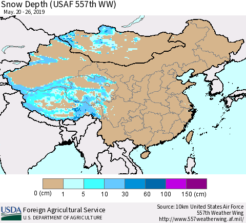 China, Mongolia and Taiwan Snow Depth (USAF 557th WW) Thematic Map For 5/20/2019 - 5/26/2019