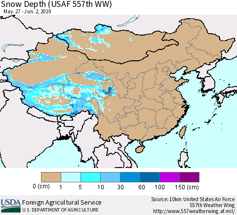 China, Mongolia and Taiwan Snow Depth (USAF 557th WW) Thematic Map For 5/27/2019 - 6/2/2019
