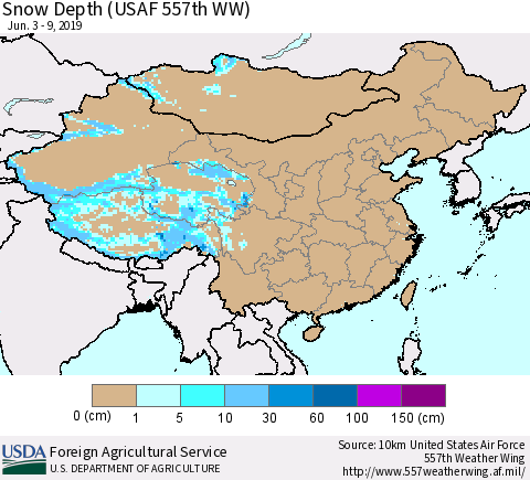 China, Mongolia and Taiwan Snow Depth (USAF 557th WW) Thematic Map For 6/3/2019 - 6/9/2019