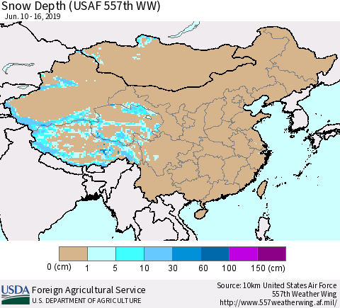 China, Mongolia and Taiwan Snow Depth (USAF 557th WW) Thematic Map For 6/10/2019 - 6/16/2019