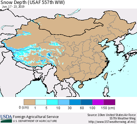 China, Mongolia and Taiwan Snow Depth (USAF 557th WW) Thematic Map For 6/17/2019 - 6/23/2019