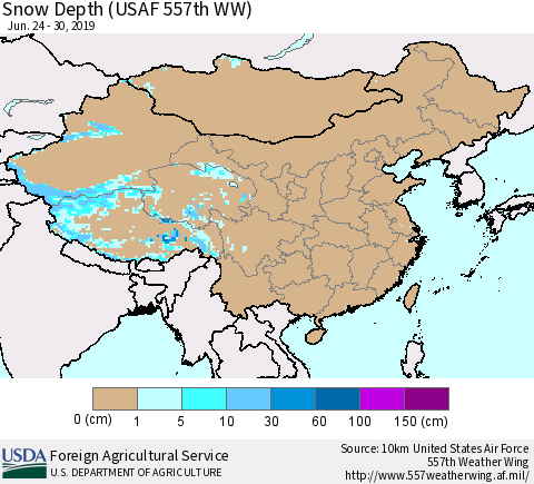 China, Mongolia and Taiwan Snow Depth (USAF 557th WW) Thematic Map For 6/24/2019 - 6/30/2019