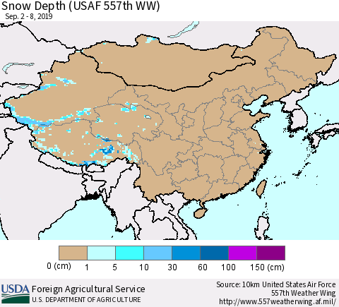 China, Mongolia and Taiwan Snow Depth (USAF 557th WW) Thematic Map For 9/2/2019 - 9/8/2019